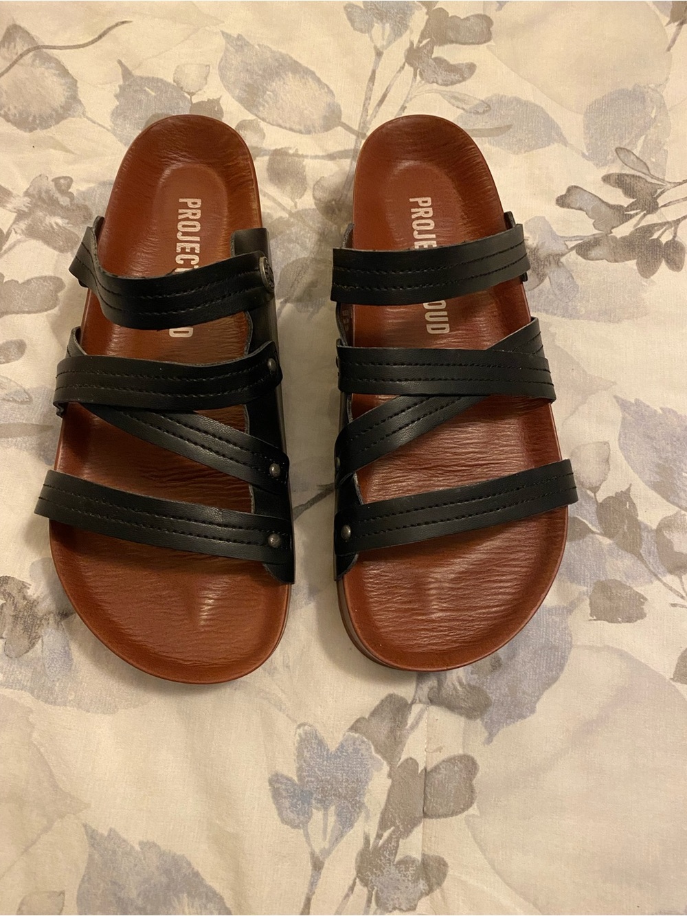 Project Cloud Black Strappy Leather Sandals for Women